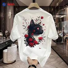 Pure Cotton Short-Sleeved T-Shirt With Rose Print, Versatile, Modern Brand, Loose Fit, Casual Round Neck, Lightweight Luxury Style, High-Quality T-Shirt For Men. - 白色 - 查看 3