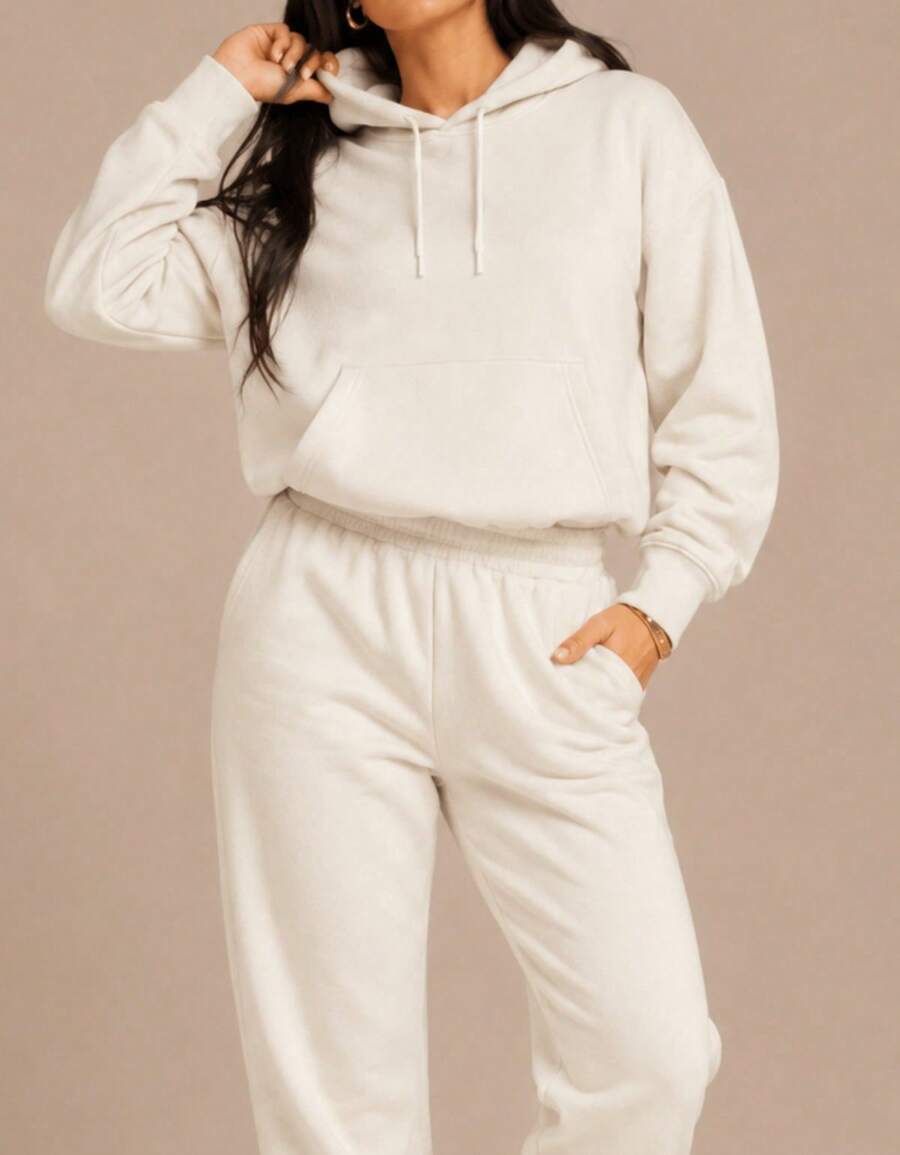 Women's Sweatshirt And Jogger Pants Set - Plain Old Money Style - Basic Chic Everyday Wear - Cream - View 1