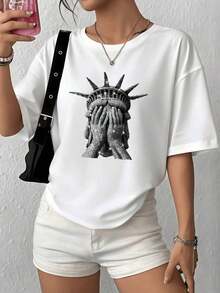 100% Cotton. Statue Of Liberty Figure With Face Covered By Her Hands Symbolizing Reflection On Social Challenges. Women's 100% Soft And Comfortable Cotton T-Shirt. Women's Simple Solid Color T-Shirt, Loose And Slim Fit Casual Short Sleeve - 白色的 - 查看 12