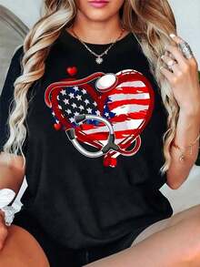 Women's Cotton T-Shirt, 100% Cotton, Nurse Design With Patriotic US Flag For The 4th Of July, Round Neck, Short Sleeve, Casual, Summer, Graphic T-Shirts. - 黑色 - 查看 1
