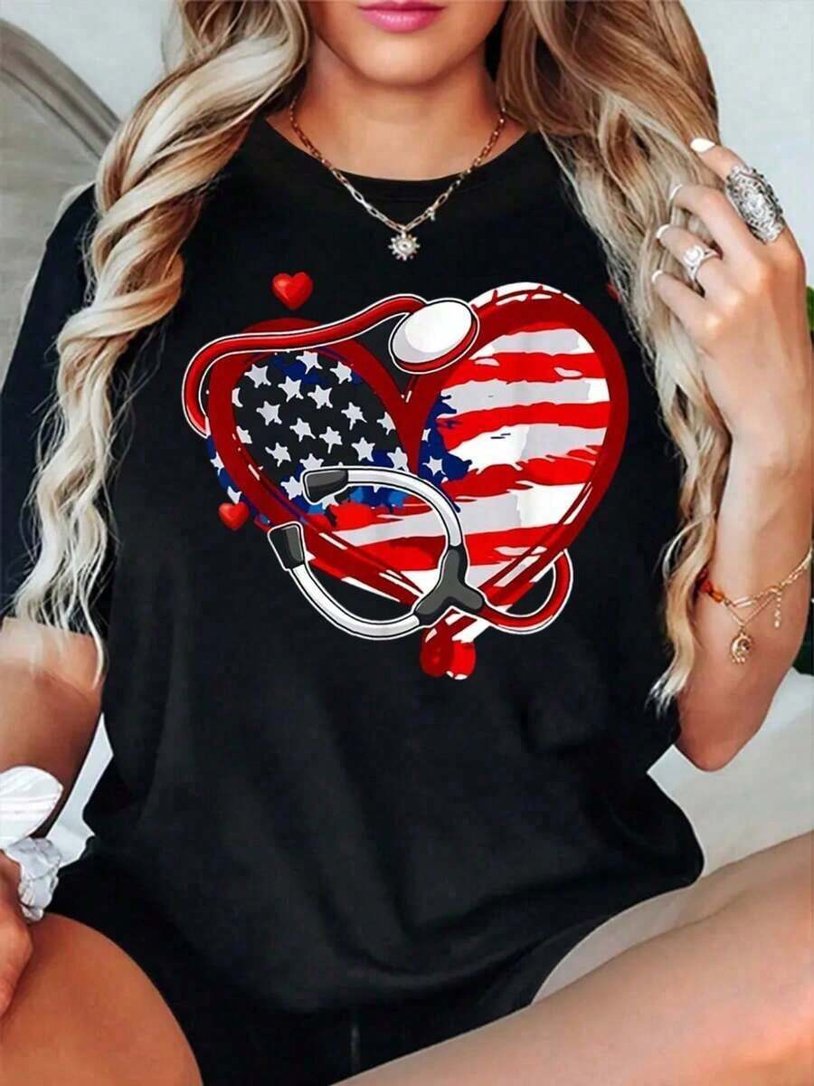 Women's Cotton T-Shirt, 100% Cotton, Nurse Design With Patriotic US Flag For The 4th Of July, Round Neck, Short Sleeve, Casual, Summer, Graphic T-Shirts. - 黑色 - 查看 1