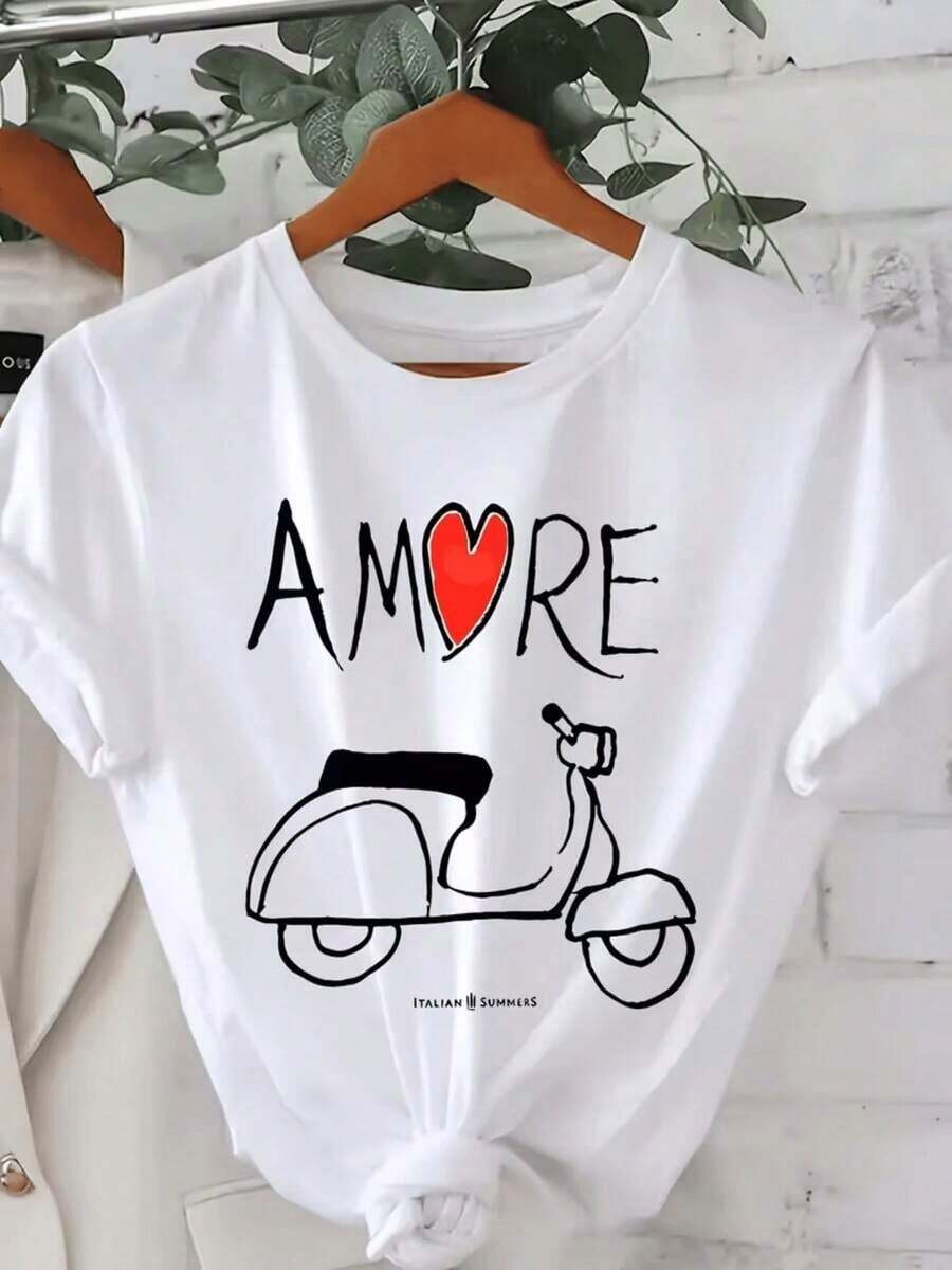 Blusa de manga corta para mujer de la marca Amore - Top casual de cuello redondo, suave y transpirable, adecuado para primavera y verano, lavable a máquina - Atuendo casual cómodo y versátil que realza los looks diarios (Noblusas para mujer>ropa - Blanco - Ver 1