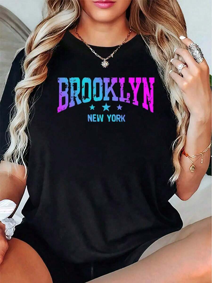Camiseta Deportiva Casual para Mujer, Cuello Redondo, Manga Corta, Estampado de Letras Boston New York, Top Cómodo de Verano para Vacaciones - Estilo Urbano Vintage Unisex, Camiseta Holgada de Algodón 100% Puro - Negro - Ver 1