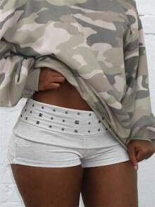 Womens Studded Fold Over Waist Shorts Y2k Low Waist Rivet Micro Shorts Slim Fit Boyshorts Goth Rave Costumes Mini Bottoms Casual Stylish Rivet Design Hot Pants Streetwear Party Clubwear - F619-灰色 - 查看 2