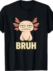 "Brother" Axolotl Meme T-Shirt - Funny T-Shirt With Amphibian Animal Print And Playful Salamander Expressions, Casual Retro Style For Men, Comfortable Unisex Design, Suitable For Meme Culture Enthusiasts, Suitable For All Seasons. - 黑色 - 查看 1