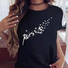 Women's Short Sleeve T-Shirts 100% Cotton, Round Neck T-Shirt With Dandelion Cartoon Graphic Print, Short Sleeve T-Shirt For Women, Printed Clothing For Ladies, T-Shirts For Women. - 黑色 - 查看 3