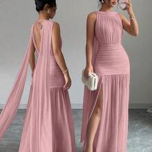 Vestido plisado con abertura y espalda descubierta de unicolor elegante para mujer, de verano - Rosa - Ver 2