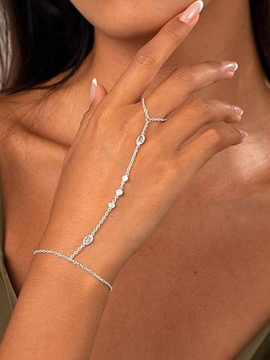 14k Gold/Silver Plated Delicate Ring Chain Bracelet Jewelry, Suitable As Gift For Women On Weddings, Parties, Birthdays And Other Occasions - Silver - View 1
