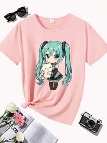 Short Sleeve T-Shirt With Anime Cat Print, Recommended Style, Breathable Round Neck, Fashionable Sports T-Shirt, Casual Top For Women - 黑色 - 查看 10