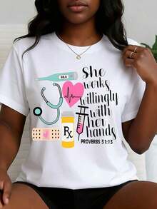 Casual Style Women's T-Shirt With Medical Theme And Proverbs 3113 Verse For Healthcare Workers Summer And Spring Wear Perfect Gift For Nurses Doctors And Medical Professionals,Celebrating International Nurses Day In May, Perfect Gift For Nurses, Women's Clothing To Pay Tribute To The Most Beautiful Angels In White.Playeras De Mujer. - 黑色 - 查看 6