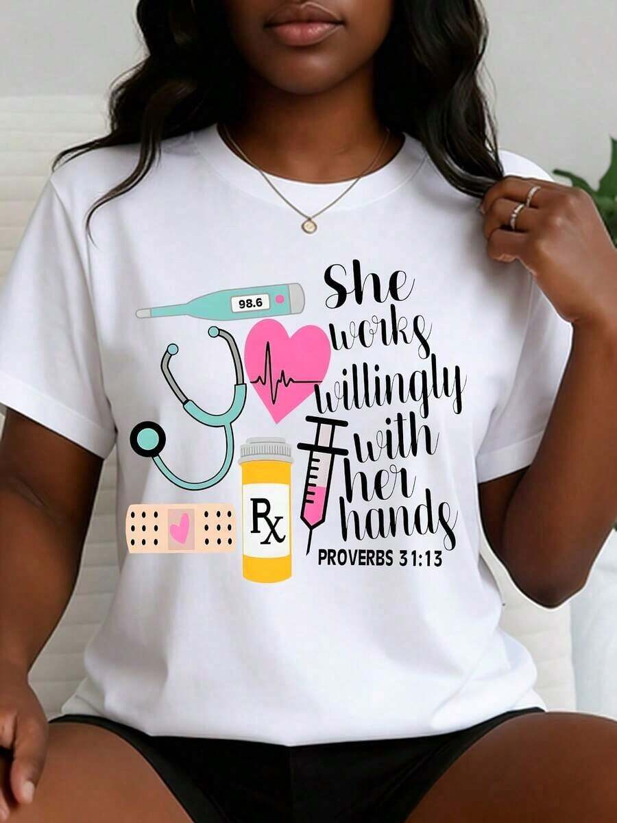 Casual Style Women's T-Shirt With Medical Theme And Proverbs 3113 Verse For Healthcare Workers Summer And Spring Wear Perfect Gift For Nurses Doctors And Medical Professionals,Celebrating International Nurses Day In May, Perfect Gift For Nurses, Women's Clothing To Pay Tribute To The Most Beautiful Angels In White.Playeras De Mujer. - 白色 - 查看 1