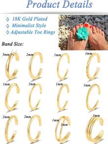 12Pcs 18K Gold Filled Toe Rings Minimalist Thin Wire Cubic Zirconia Summer Beach Toe Rings Open Adjustable Foot Jewelry For Women Silver Gold Tone - Gold - View 2