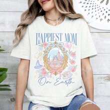 1 Piece Women's Vintage Retro Printed Loose Fit T-Shirt, Women's Casual Short Sleeve Cotton Graphic Tee, "The Happiest Mom In The World" Graphic Tee, Magic Castle Print Short Sleeve T-Shirt For Mother's Day Gift, 180g 100% Cotton. - 白色 - 查看 2