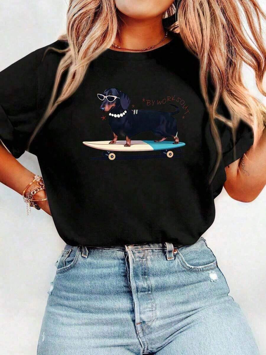 Women's Blouses. Essential Short-Sleeved T-Shirt For Women, Made Of Pure Cotton With A Graphic Print, Featuring A Round Neck. Soft, Breathable, And Versatile, It's Suitable For Everyday Wear-A Must-Have For Fashionable Women! Breathable Cotton Printed T-Shirts For Women, Casual Everyday Wear () - 黑色 - 查看 1