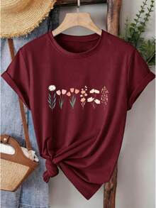 Women's Summer T-Shirt, Casual Short Sleeve Floral Print, Suitable For Casual Daily Wear And Outdoor Activities, Comfortable And Skin-Friendly | Casual Blouses For Women | Basic Short Sleeve Top For Women B8V8 - 酒紅色 - 查看 6