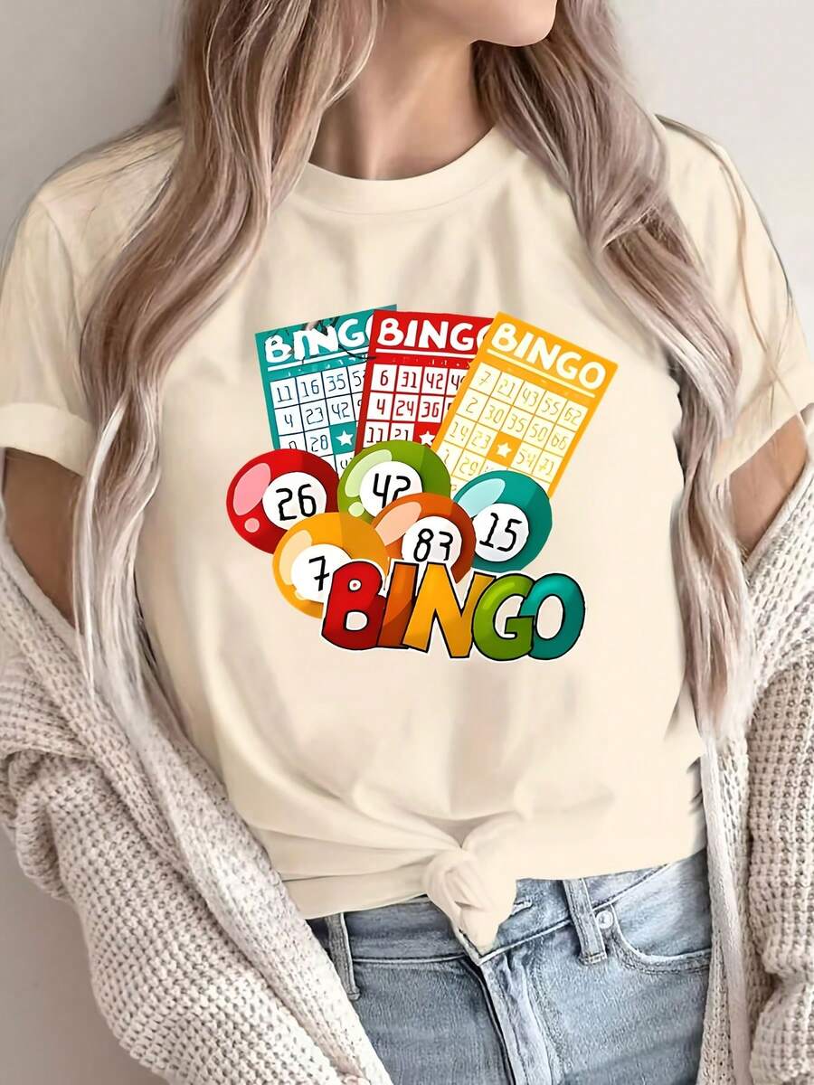 Women's Casual Spring/Summer Top With A Round Neck And Short Sleeves, Featuring A Bingo-Themed Design Including Numbered Balls And The Word "Bingo". Made From Breathable, Machine-Washable Fabric, This T-Shirt Is Suitable For Year-Round Comfort. - 杏色 - 查看 1