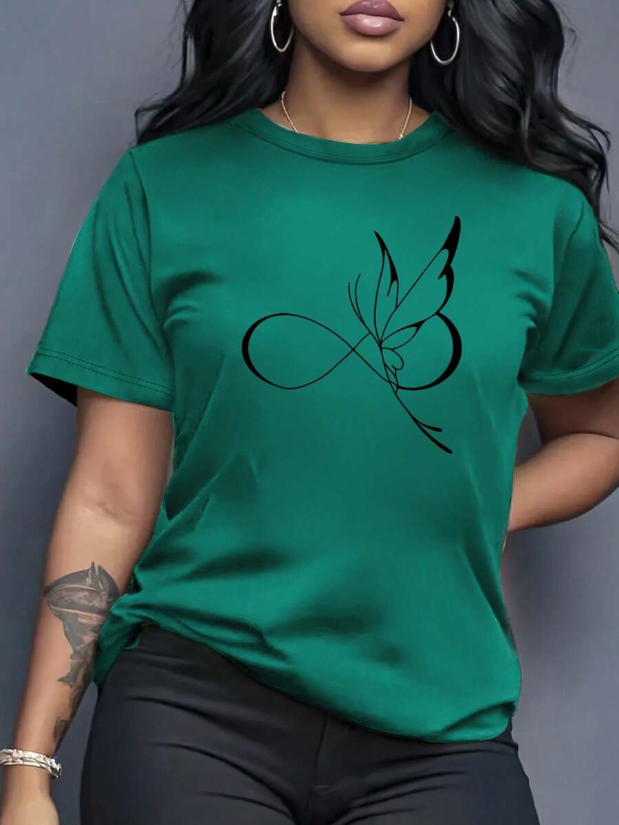 Women's Elegant Printed T-Shirt - Summer Fashion, Stylish Design, Comfortable And Breathable, Round Neck T-Shirt, Soft Material, Suitable For Everyday Wear And Outdoor Activities In Autumn And Summer, Casual Yet Elegant Clothing For Women. PCMN - 綠色 - 查看 1