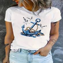 Camiseta de Mujer con Estampado de Ancla Náutica - Top Ligero y Elástico de Cuello Redondo y Manga Corta con Diseño Marítimo, Ropa Casual de Playa y Outfits Diarios para Todas las Estaciones S-XXXL - Blanco - Ver 1