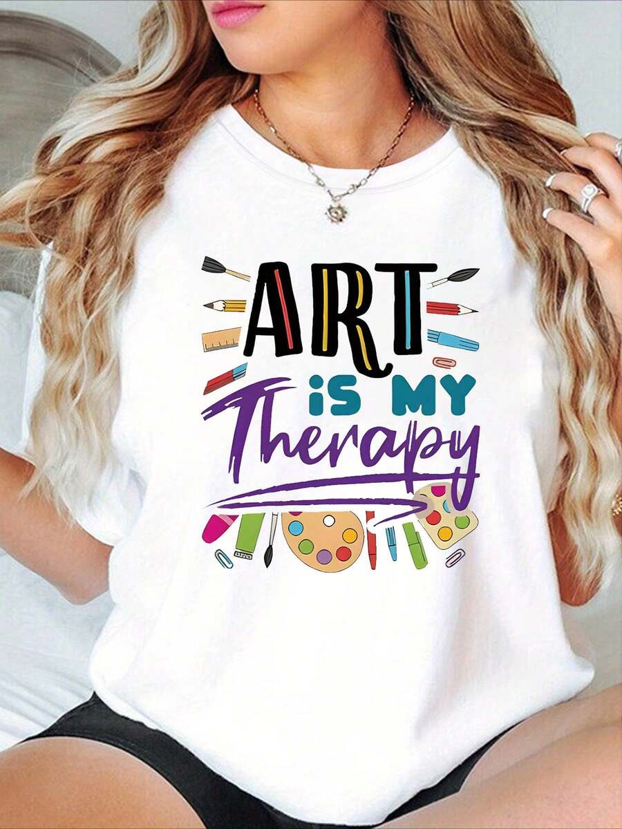 Camiseta de mujer con texto impreso "ART IS MY Relax", camiseta de manga corta con cuello redondo para primavera/verano, adecuada para compras informales, regalos navideños, reuniones de amigos, fiestas de música, ropa de vacaciones, 100% algodón puro. - Blanco - Ver 1