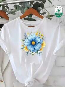 1 pieza [Talla Grande] Camiseta de Mujer con Estampado Gráfico de Flor Azul con Flores y Hojas Amarillas 180g Algodón 100% - Blanco - Ver 2