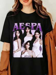 Aespa All Members T-Shirt, Karina Winter Giselle Ningning K-Pop Girl Group Whiplash Armageddon Photo Portrait, Retro Aespa Graphic Shirt, Aespa Hot Mess Shirt, Armageddon Album Shirt, Aespa Whiplash Album Shirt, Aespa Synk, Parallel Line Tour - Black - View 1