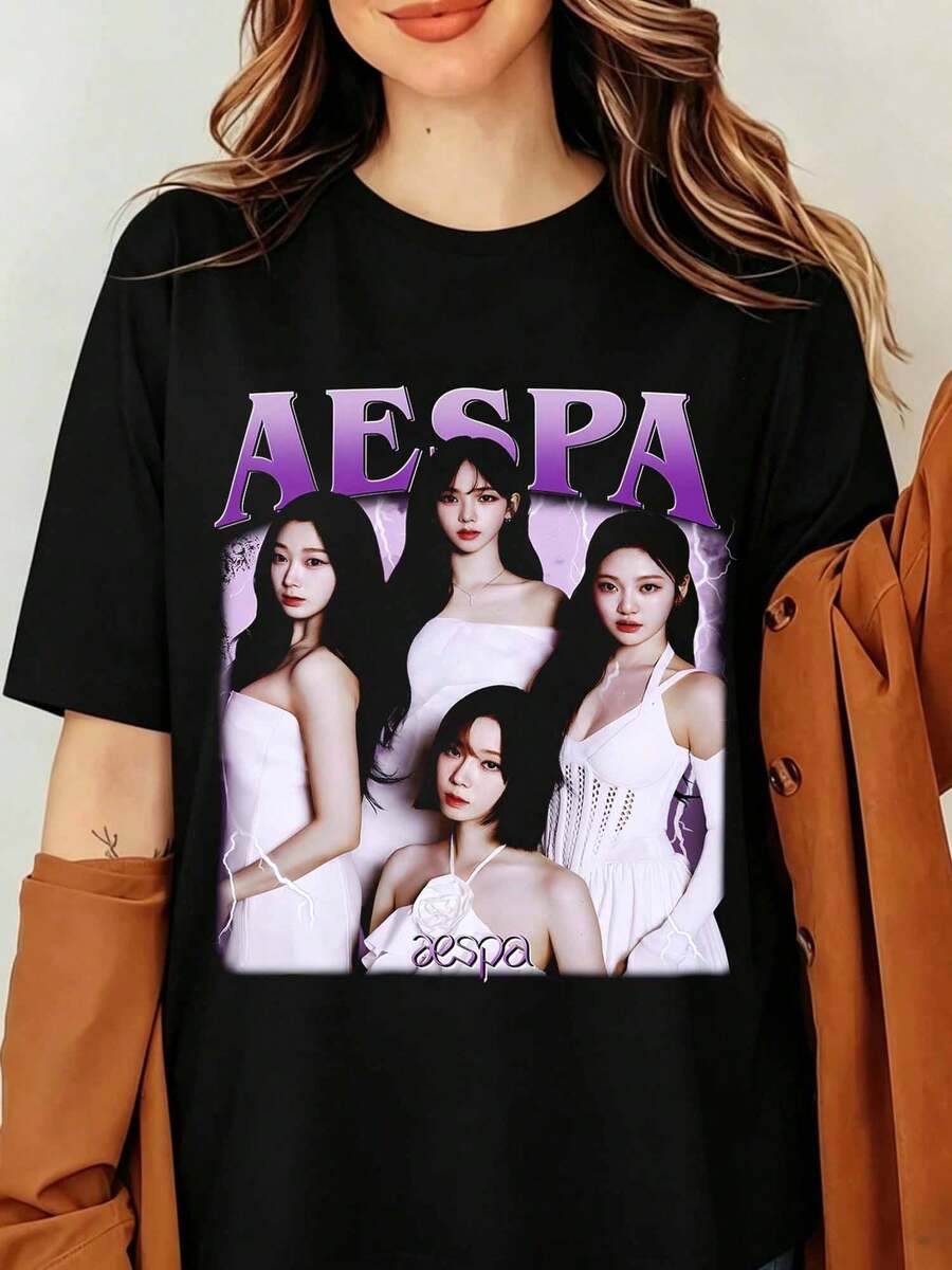 Aespa All Members T-Shirt, Karina Winter Giselle Ningning K-Pop Girl Group Whiplash Armageddon Photo Portrait, Retro Aespa Graphic Shirt, Aespa Hot Mess Shirt, Armageddon Album Shirt, Aespa Whiplash Album Shirt, Aespa Synk, Parallel Line Tour - Black - View 1
