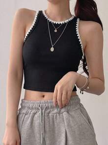 Top corto de tirantes de unicolor casual para mujer - Negro - Ver 6