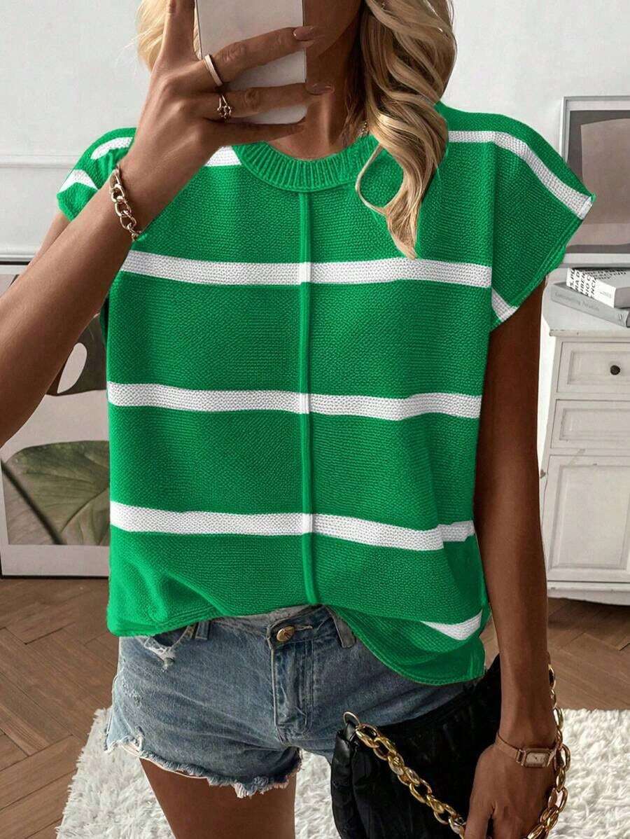 Chaleco de punto holgado de cuello redondo y hombros caídos sin mangas para mujer, suéter tipo cardigan de punto con bloque de color y rayas, para otoño/invierno - Verde - Ver 1