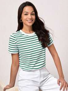 BASICS Camiseta casual con estampado a rayas para primavera y verano - Verde - Ver 5