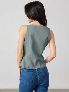 Blusa sin mangas para mujer de unicolor con cuello en V y dobladillo asimétrico para el verano, diseño elegante, blusas sin mangas - Azul - Ver 2