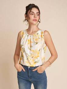 Blusa de cuello redondo sin mangas con estampado floral, nueva moda para mujer, ideal para otoño/invierno, vuelta al colegio, modesta, vintage, dinero antiguo, profesora, aeropuerto, verano - Multicolor - Ver 7