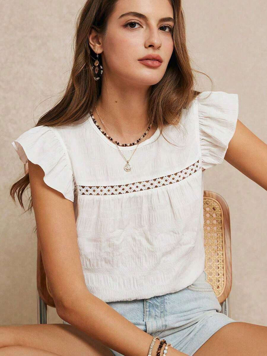 Temporada de vacaciones de verano y de bodas, excelente blusa de unicolor con ribete de volantes, verano, top lindo, elegante y romántico, estilo bohemio chic, estilo casual, esencial, verano, temporada de bodas - Blanco - Ver 1