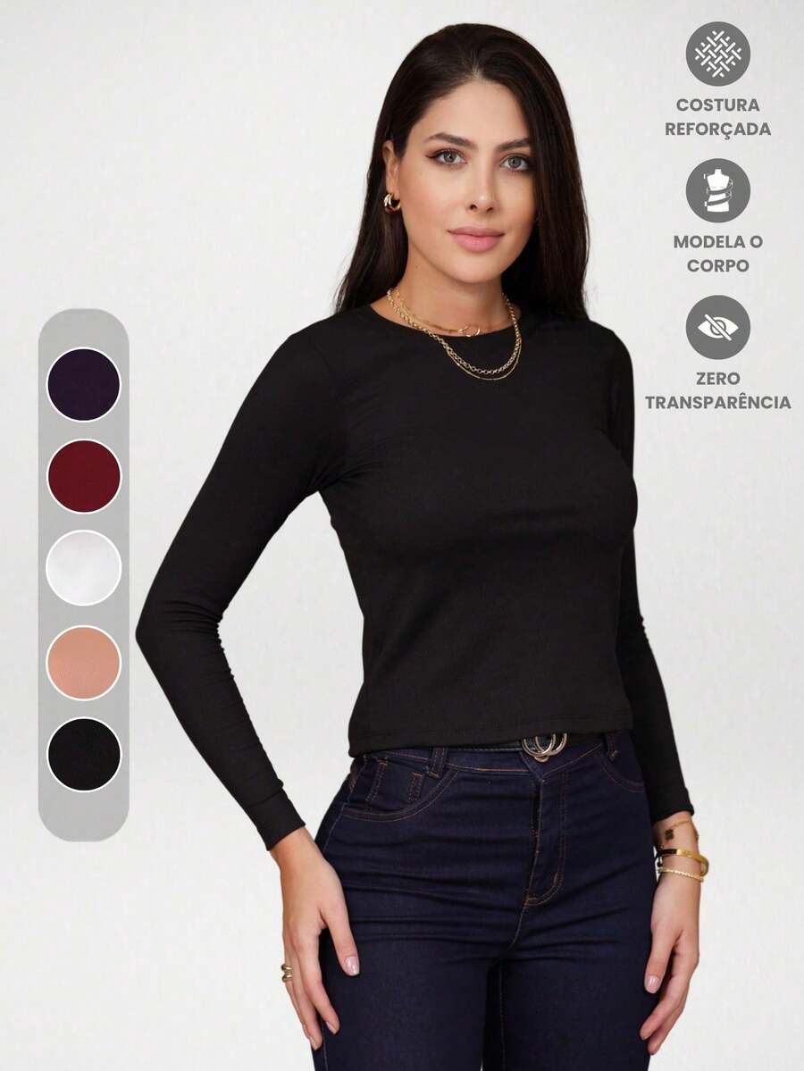 Blusa Peluciada Canelada Manga Longa Térmica Inverno Flanelada Ribana Forrada Quentinha - Preto - Visão 1