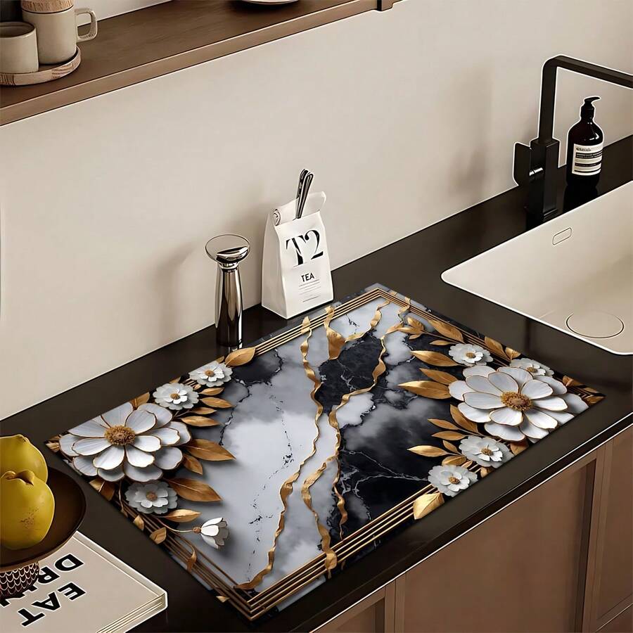 1pc Metal Silver Floral Pattern Printed Absorbent Dish Drying Mat, Concentrated Coffee Machine Countertop Absorbent Mat, Sink Drain Mat, Soft Faucet Absorbent Mat, Sink Cup Mat, Kitchen & Bathroom Accessories - Multicolor - View 1