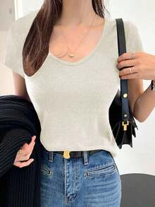 Camiseta básica de mujer de cuello redondo y manga corta, color marrón sólido, parte superior estilo universitario para primavera/verano - Blanco 2 - Ver 3