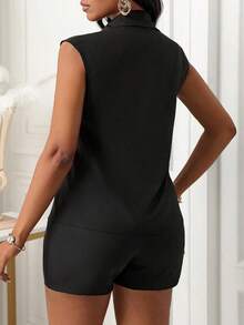 2 piezas Conjunto casual de verano con blusa de un solo color con botones al frente y shorts anudados para mujer - Negro - Ver 2