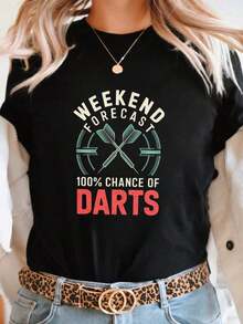 Camiseta estampada "LightweightChance of Darts", top casual de manga corta y cuello redondo, ropa de mujer para primavera y verano. - Negro - Ver 6