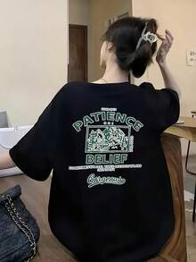 Women's Graphic T-Shirt With Y2K-Inspired Print, Round Neck And Short Sleeves, Ideal For Spring/Summer/Autumn, With Mountain And Star Design, Brown Color. - Black - View 4