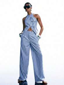 Conjunto de 2 piezas de top halter a rayas y pantalones de verano casual para mujer - Azul - Ver 4