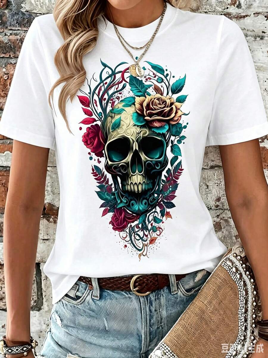 Camiseta de manga corta con cuello redondo y estampado de calavera para mujer, camisetas gráficas para mujer - Blanco - Ver 1
