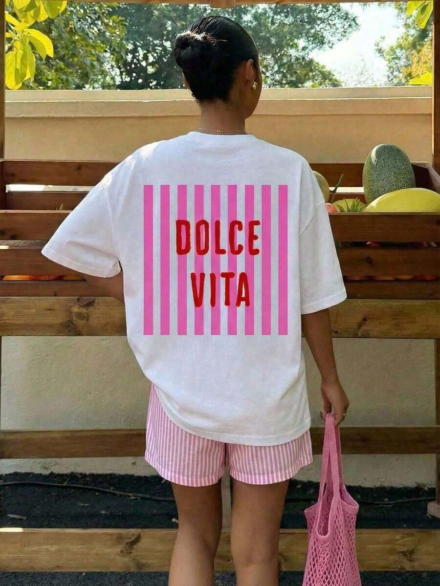 Women's Casual Loose Fit T-Shirt With "Lobster & Lemon" Print, Breathable And Comfortable, Short Sleeve, Round Neck, Summer Green Stripe Print, Soft Cotton, Perfect For Daily Wear And Beach & Street Style. - 白色 5 - 查看 1