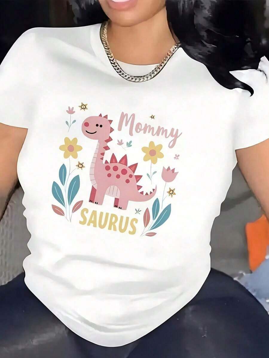 Women's Casual T-Shirt With "Mommy Saurus" Graphic Print, Short Sleeve, Comfortable For Casual And Elegant Outfits, Lightweight And Breathable, Machine Washable, Regular Fit, Crew Neck, 100% Cotton, Durable - 白色 - 查看 1