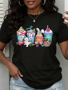 Women's Easter Bunny, Cupcake And Smoothie Design T-Shirt, Casual Spring Style, Holiday Graphic Tee, Urban Vintage Style, Unisex, Loose Fit, Cotton, Short Sleeve, Round Neck, 100% Cotton. - 黑色 - 查看 7