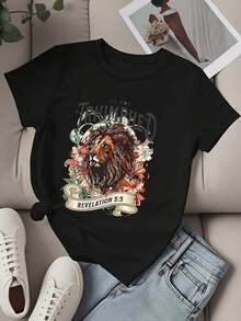 Fashionable Women's T-Shirt With Lion And Flower Design, Featuring The Phrase 'He Has Triumphed' From Revelation 5:5. Graphic T-Shirt With Christian Bible Verse For Casual Wear, Church Wear, And Everyday Activities. Suitable As A Gift. Women's T-Shirt. Elegant Blouses. Boho Chic. Soft, Breathable, And Comfortable Women's Top, Ideal For Spring, Summer, And Autumn, Perfect For Vacations, Travel, And Everyday Wear. - 黑色 - 查看 3