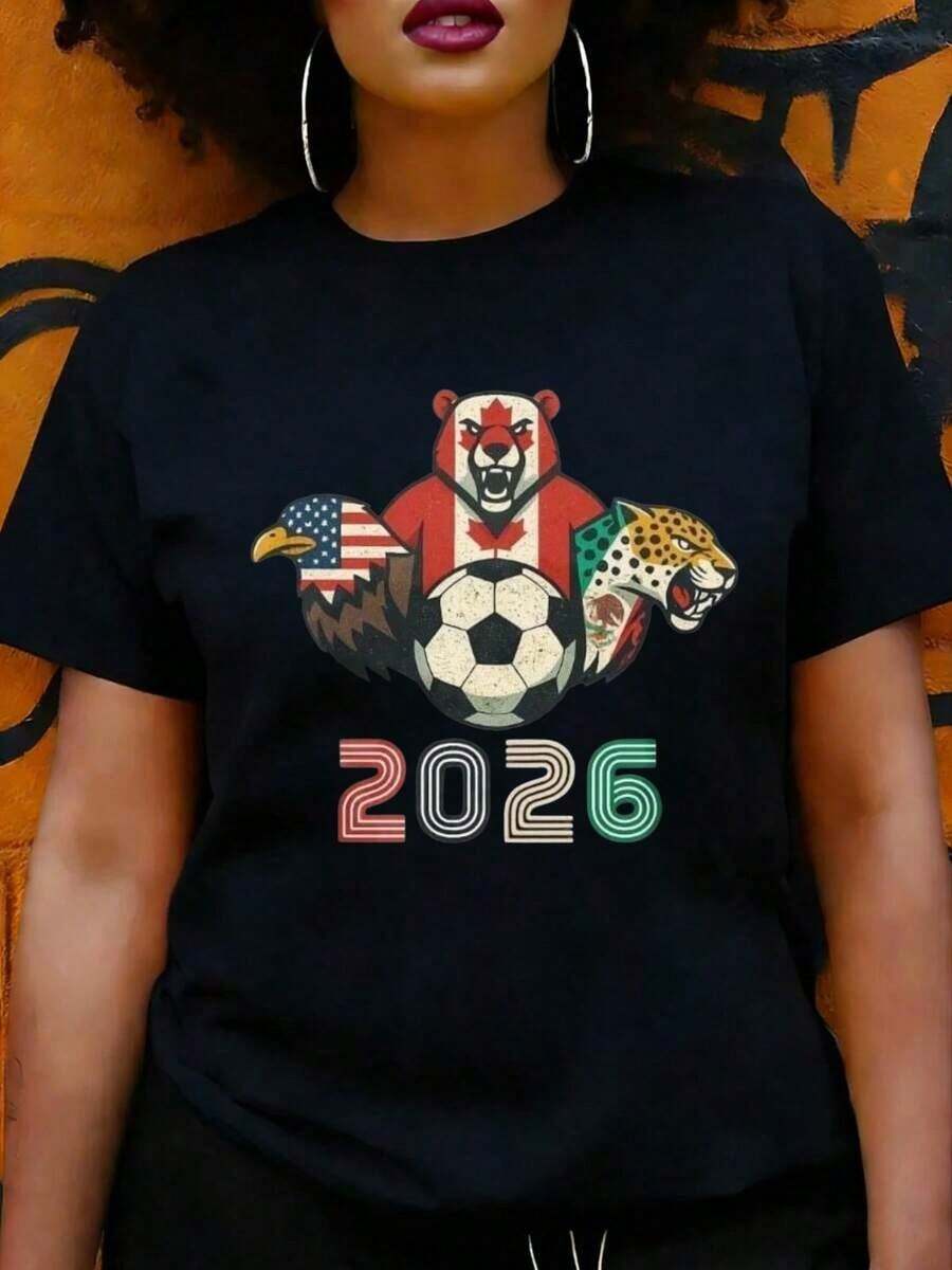 Women's Casual T-Shirt, 2026 World Cup Theme (USA, Canada, Mexico), Summer Clothing, Gift For Soccer Fans - 黑色 - 查看 1