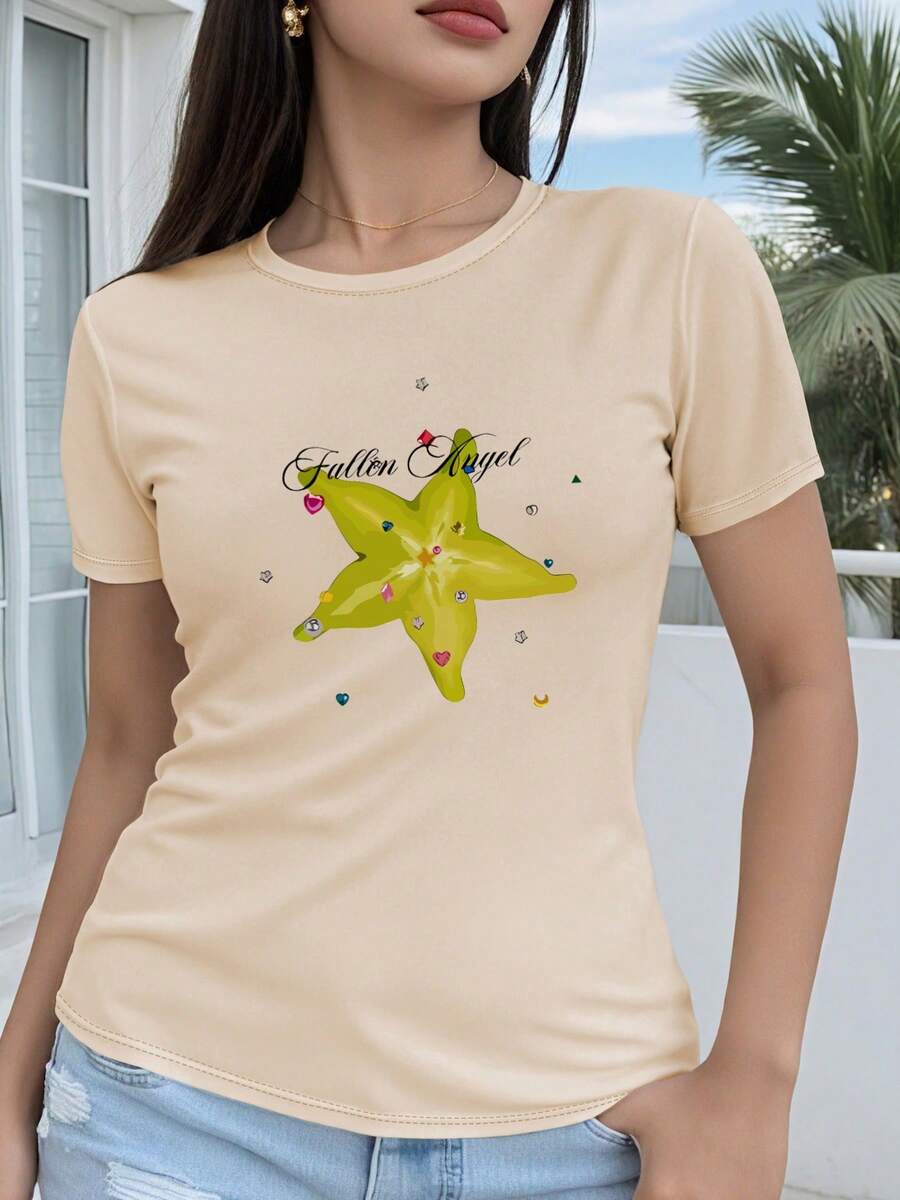 Women's T-Shirt, 100% Cotton, Regular Fit, Short Sleeve - 2D Geometric Star Design With Colorful Gemstone Details, Fallen Angel Text In The Center, Casual Crew Neck, Suitable For All Seasons, Available In Multiple Colors And Sizes, Party Fashion - 杏色 - 查看 1