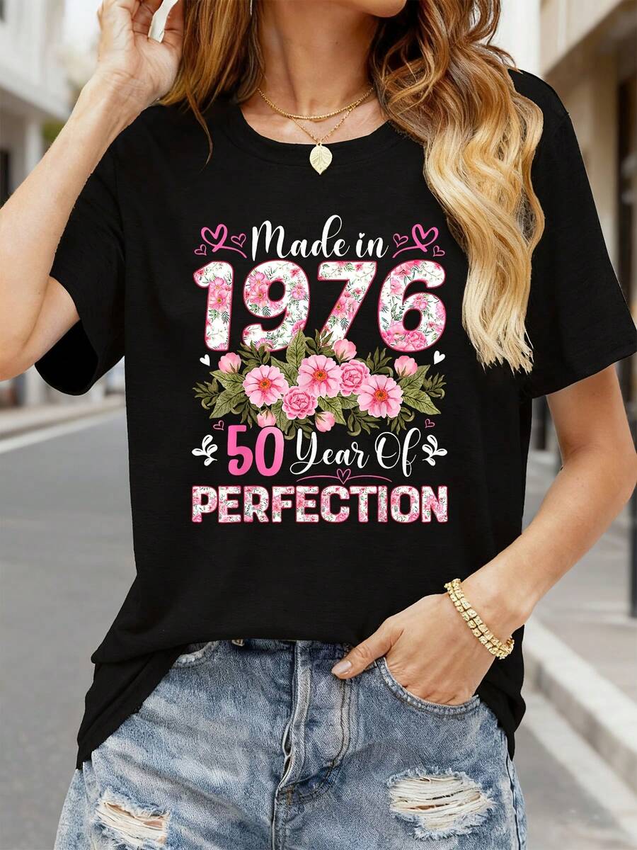 Camiseta de cumpleaños para mujer 1976, 50 años - Top vintage con estampado floral de 50 años, blusa casual de manga corta y cuello redondo para celebración del año de nacimiento 1976, ropa de mujer - Negro - Ver 1