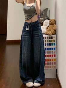 Women's High-Waisted Baggy Jeans, Tie-Dye Gradient Effect, Contrasting Stitching, Wide Palazzo Silhouette, Dark Washed Denim, Casual Streetwear Style Ideal For Urban Looks And Autumn/Winter. - 牛仔藍 - 查看 4