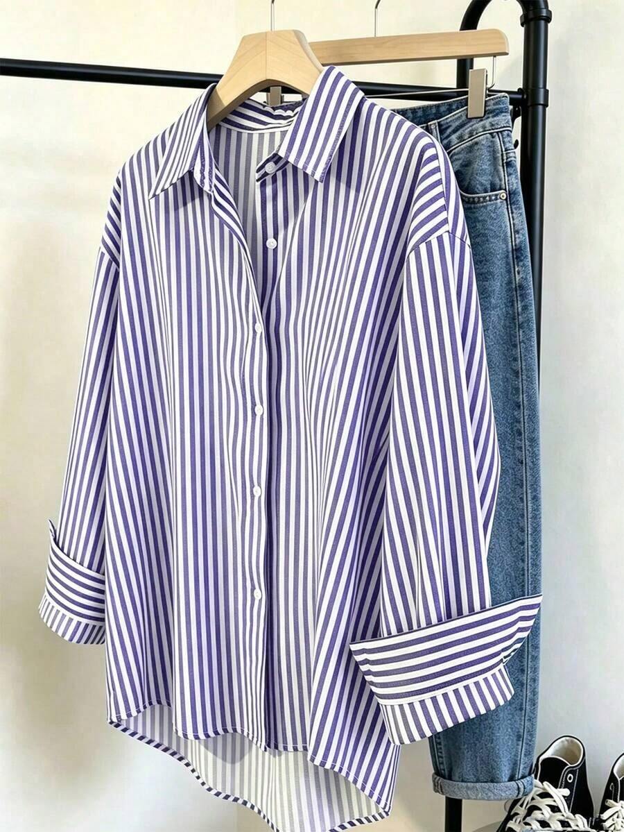 Camisa de mujer de manga larga a rayas, de un solo pecho, casual y versátil para uso diario - Azul y blanco - Ver 1