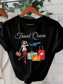 Women's T-Shirt With A Simple And Versatile Design, Creative Print, Suitable For Spring And Summer. Casual Short-Sleeved T-Shirt For Women, Comfortable, Stylish, Crew Neck, Loose Fit, 100% Cotton, Sizes S-XXXL, Black Cotton T-Shirt. The Best T-Shirt Gift For Friends Or Family, Suitable For Both Men And Women, Sizes S-XXXL. - 黑色 - 查看 1